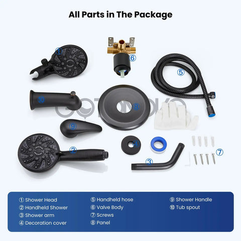 All parts of High Pressure Tub And Shower Faucet Set With 6 Modes ABS Handheld Spray Includes Valve Body And Trim Kit Shower Head And Handle Oil Rubbed Bronze Finish