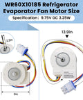 Go To Evaporator Fan Motor For Refrigerator Replacement 9.75V DC 6 Pin Plug 3.25W showing dimensions and connector