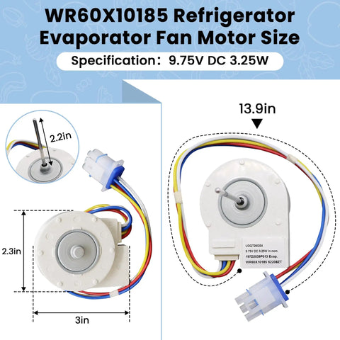 Go To Evaporator Fan Motor For Refrigerator Replacement 9.75V DC 6 Pin Plug 3.25W showing dimensions and connector