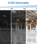 0-10V dimmable brightness comparison showcasing a warehouse illuminated with the Built Different 3 Foot Led Linear High Bay Light.