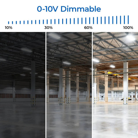 0-10V dimmable brightness comparison showcasing a warehouse illuminated with the Built Different 3 Foot Led Linear High Bay Light.
