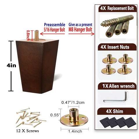 Beefy 4 Inch Wood Furniture Legs Set Of 4 In Square Brown Finish With Five Sixteenth Inch And M8 Bolts For Wide Compatibility