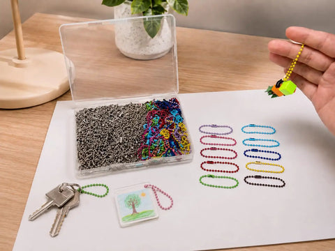 Bulk Ball Chain Keychain Set With 300 Pieces, 2.4mm By 4.72 Inch Beaded Chains And Connectors, 200 Silver Stainless Steel Color Links And 100 Mixed Color Links, Perfect For DIYers Making Dog Tag Necklaces, Crafts And Jewelry Projects. Ball chain keychain set in storage box with colorful DIY loops and keys