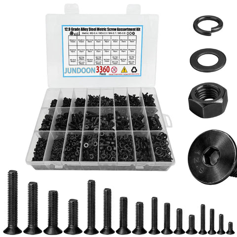 3360Pcs M2 M3 M4 M5 Screws Set With Countersunk Hex Socket Head Cap Screws Nuts Flat Washers And Lock Washers 12.9 Grade Alloy Steel