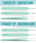 Ingrown Hair Tweezers Set 2 Pack With Curved And Pointed Tips For Precision Hair Removal, Stainless Steel With Protective Case, Great For Razor Bumps, Splinters, And Facial Hair. Curved and straight tip tweezers shown for surface hair and ingrown hairs.
