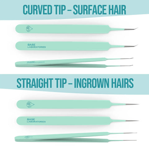 Ingrown Hair Tweezers Set 2 Pack With Curved And Pointed Tips For Precision Hair Removal, Stainless Steel With Protective Case, Great For Razor Bumps, Splinters, And Facial Hair. Curved and straight tip tweezers shown for surface hair and ingrown hairs.