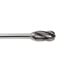 YUFUTOL carbide burr side view with 1/4 in shank, 1/2 in head, 1 in flute length, cylindrical with radius end