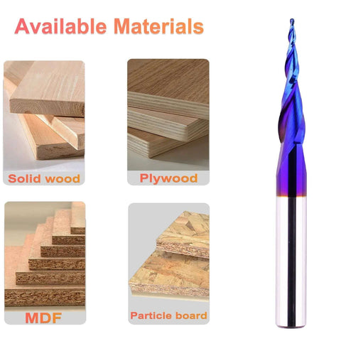 Blue-purple 1/4 in shank router bit, ball-nose carbide, beside solid wood, plywood, MDF and particle board