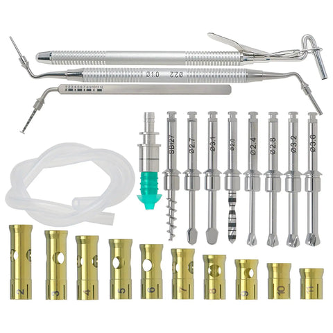 Dental Implant Tool Kit 23 Piece Set For Sinus Lift And Fixture Removal Includes Hex Driver Torque Wrench Positioning Space Tool Guide And SCA Kit For Implant Surgery, showing various tools and attachments.