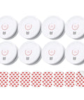 Built Tough Smoke Detectors With Replaceable Batteries Featuring Dual Wave Sensing For Lightning Fast Alerts And Rock Solid 85 Decibel Volume In A Totally Legit Eight Pack Set For Your Whole Home Safety Game, displayed in a set of eight white units with mounting stickers.