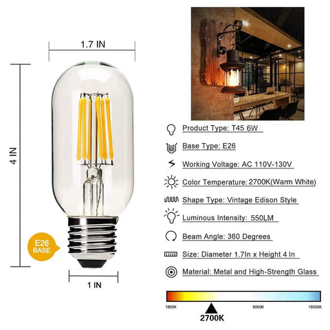 Diagram showing Dimmable T45 LED Edison Bulbs 2700K Warm White, 6W Filament Tubular Bulbs, E26 Base dimensions and detailed features.