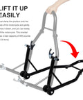 Heavy Duty Motorcycle Rear Wheel Lift Stand For Universal Sport Bikes Swingarm Spool Paddock Stand Combo with sturdy steel frame.