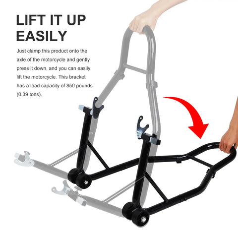 Heavy Duty Motorcycle Rear Wheel Lift Stand For Universal Sport Bikes Swingarm Spool Paddock Stand Combo with sturdy steel frame.