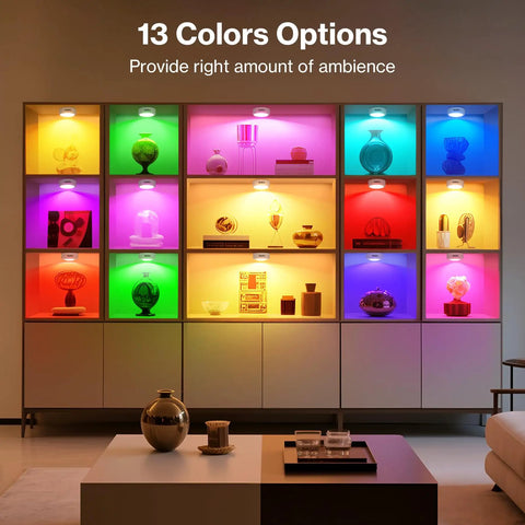 Color Changing LED Puck Lights With Remote Control, illuminating display cabinets in 13 color options, 1 Pack visible