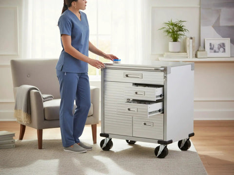 Person using Heavy Duty Rolling Storage Cabinet With Wheels And Drawers, Built For Garage And Shop, Stainless Steel Table Top, 1 Door, 4 Drawers.