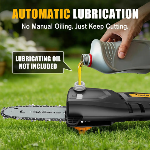 Cordless Pole Saw With 20V Max Battery Compatibility, 14.8 Ft Reach Electric Pole Saw with oil being poured for lubrication