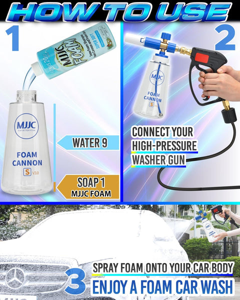 Instructions for using Foam Cannon S V3 With Beefed Up Thick Snow Foam Technology and Quick Connector for Pressure Washer Kit.