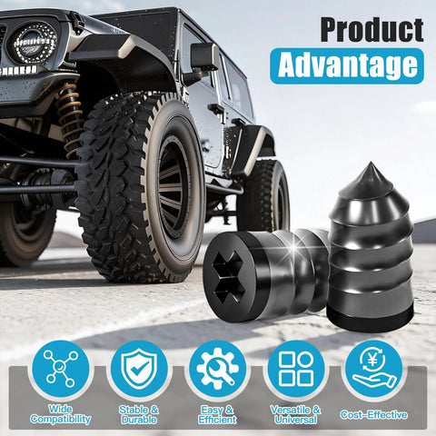 Close-up of 90 Piece Tire Repair Kit with Three Sizes Screws and Rubber Nails for cars and trucks with text highlighting advantages.