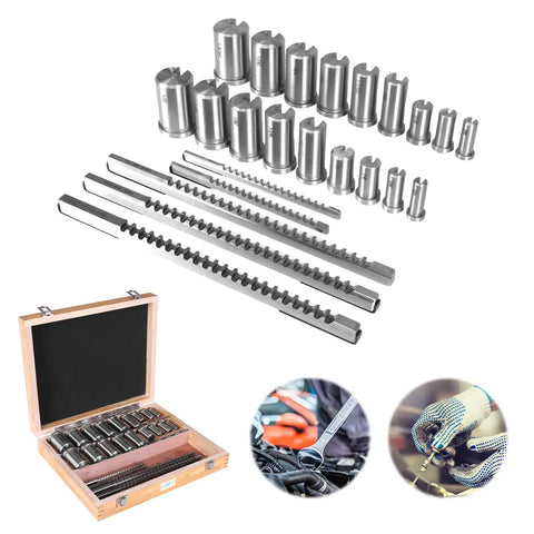 Pro Grade Keyway Broach Kit 30 Pc Set With 5 Broaches, 18 Bushings, 7 Shims For Metalworking Manufacturing, Precision Imperial Keyway Sizes B 1/8, B 3/16, C 1/4, C 3/8, C 5/16 For Fast Accurate Slotting in open case
