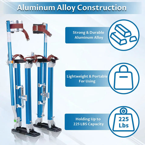 Adjustable Drywall Stilts 24 To 40 Inches With Lightweight Aluminum Frame And Knee Pad Protection Dope Durable Go-To Painting Tool For Painting Finishing And Cleaning Blue, showing strong aluminum alloy construction highlights.