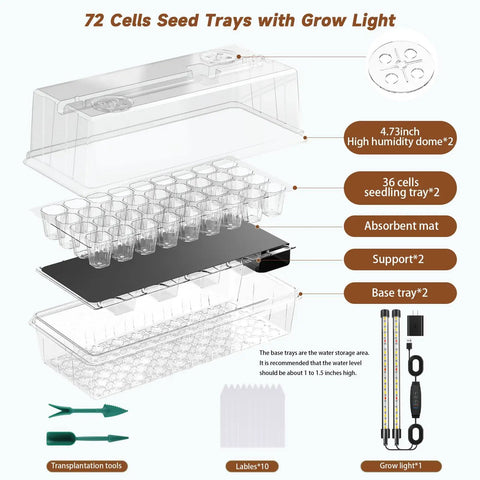 Exploded view of Self Watering Seed Starter Tray Kit With Full Spectrum Grow Light, 72-cell design with humidity dome.