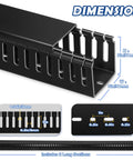 Dimensions of black 2x2 Inch Cable Raceway for under desk cable management, open slot wire duct hider, durable PVC cable channel.