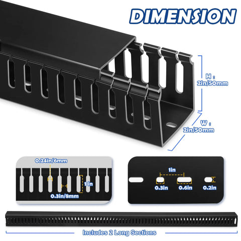 Dimensions of black 2x2 Inch Cable Raceway for under desk cable management, open slot wire duct hider, durable PVC cable channel.
