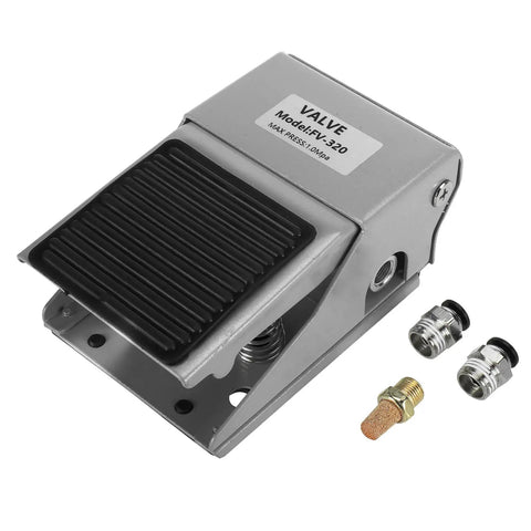 Foot Pedal Pneumatic Valve Pro Grade 3 Way 2 Position Momentary Rubber Nonslip Surface One Quarter Inch PT Threaded 6mm Fittings 145 PSI