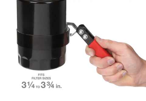 Hand using Self Adjusting Oil Filter Wrench With 180 Degree Flex Head Fits Three And A Quarter To Three And Three Quarters Inch Filters