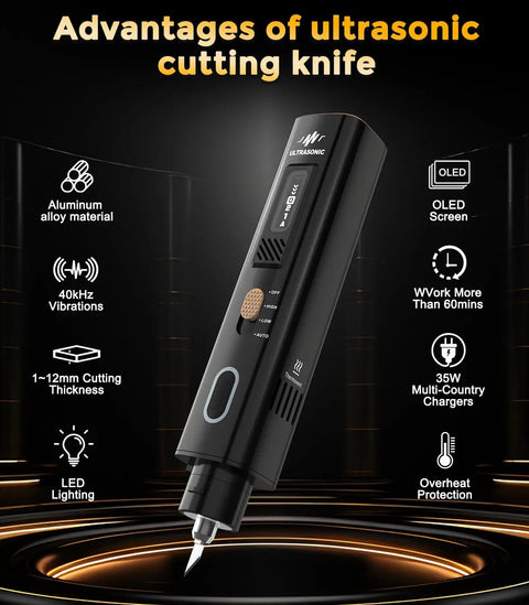 40kHz Ultrasonic Cutter Knife With OLED Display For Pro Grade Precision Cutting And Polishing In 3D Printing, Model Making, And DIY Projects, Four Modes, Stable Power, Works On Plastic, Resin, Wood, Leather, Includes 50 Replacement Blades; black aluminum body