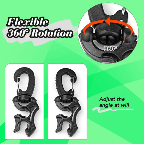 Three Pack Diving Hose Holder Clips For BCD Hose Management showing flexible 360° swivel and black double hose clips with snap hook buckle.