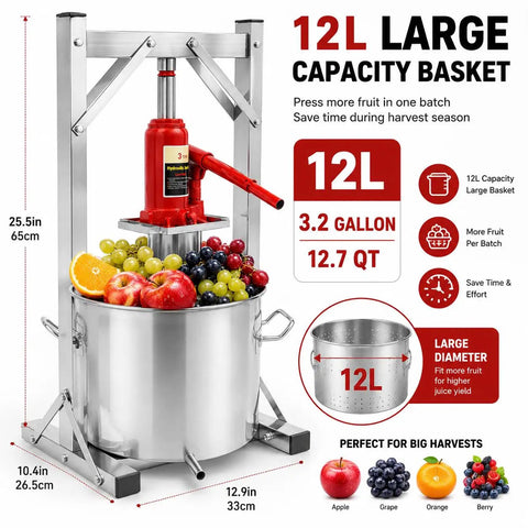 Heavy Duty Stainless Steel Hydraulic Fruit Press Juicer Squeezer Makes Juicing Apples Grapes Berries A Breeze For Homemade Cider Wine Cheese And Tinctures With Large Capacity Basket No Hassle High Pressure 12L press with apples and grapes