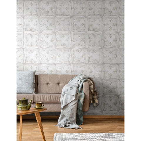 White Tin Tile Metallic Peel And Stick Wallpaper Easy Install DIY Friendly Repositionable And Removable No Mess Accent Wall Decor 20.5 Inch Wide By 16.5 Feet Long Covers About 28.2 Sq Ft on living room wall with couch and table
