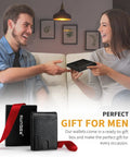 A couple exchanging an Ultra Slim Leather RFID Blocking Bifold Wallet For Men With 11 Card Slots Front Pocket Minimalist Vibe in gift box.
