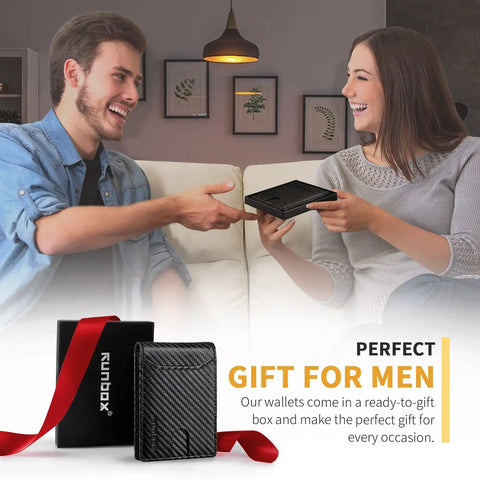 A couple exchanging an Ultra Slim Leather RFID Blocking Bifold Wallet For Men With 11 Card Slots Front Pocket Minimalist Vibe in gift box.
