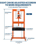 Hydraulic Shop Press 6-Ton H-Frame For Garage And Home Workshop Floor Model With Adjustable Pressure Press Plates Included Beefed-Up Durable Orange Finish, dimensions labeled in mm.
