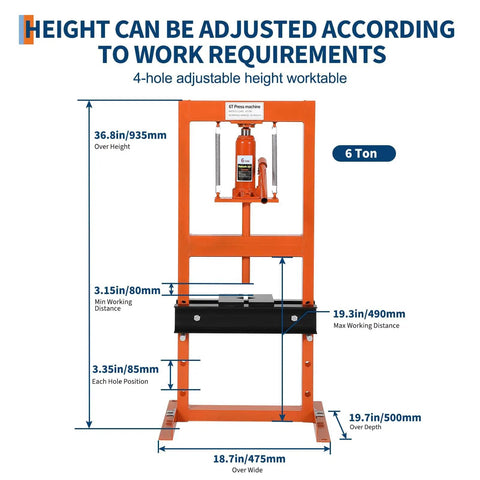Hydraulic Shop Press 6-Ton H-Frame For Garage And Home Workshop Floor Model With Adjustable Pressure Press Plates Included Beefed-Up Durable Orange Finish, dimensions labeled in mm.