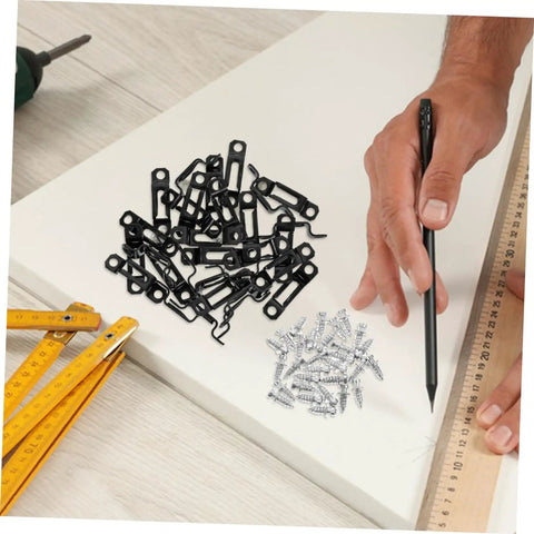 30 Pack Of Concealed Furniture Connector Brackets And Heavy Duty Metal Clamps For Bulletproof Cabinet Setup on worktable with tools.