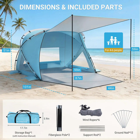 Pop Up Beach Tent With Extended Canopy For 4-6 People CumbreX Sun Shelter showing dimensions and included parts on beach