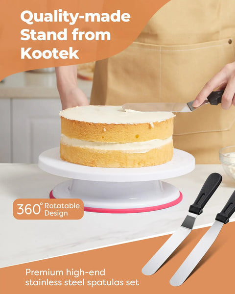 Person using 11 inch rotating cake turntable from 700-Piece Cake Decorating Kit With Springform Pans, Cake Turntable, Piping Tips.