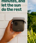 Ditch The Cords Hassle Free Solar Smart Security Camera With True 2K Video Feed And Sync Hub Included For Bulletproof Home Protection, mounted on wall.