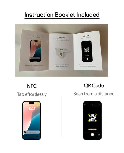 Instruction booklet with NFC and QR setup guide for Google Review Stand With NFC And QR Code For Any Biz 3 Pack Easy Setup In Under A Minute And Flexible Review Page Destination You Can Change Anytime Today.