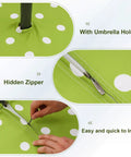 60 Inch Round Outdoor Tablecloth With Umbrella Hole And Zipper, Green Polka Dot, waterproof oxford fabric, showing zipper detail.