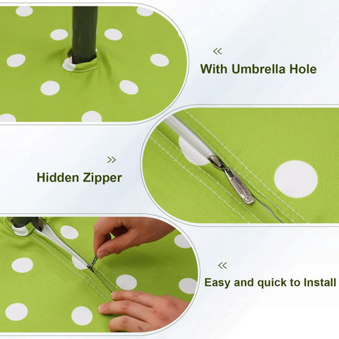 60 Inch Round Outdoor Tablecloth With Umbrella Hole And Zipper, Green Polka Dot, waterproof oxford fabric, showing zipper detail.