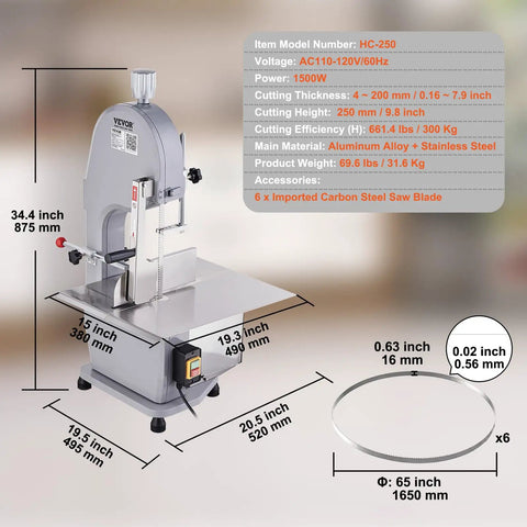 Beast 1500W Stainless Steel Meat Bandsaw For Home Butchering Countertop Bone Saw With 6 Blades 19 By 15 Inch Work Surface