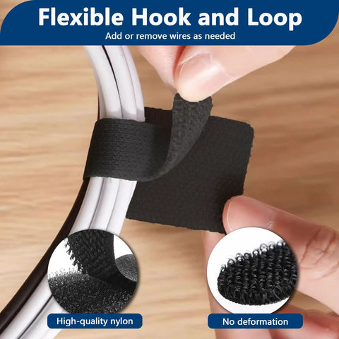 Close-up of 50 Pack Hook And Loop Cable Ties For Under Desk Cable Management, black self adhesive clips securing cables.