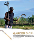 Man holding long handle manganese steel grass sickle for weeding and harvesting garden care with non slip wooden handle.