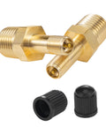 Two brass 1/4-inch inflation Schrader valve adapters with push-to-connect for 1/4-inch air tubing; includes black caps