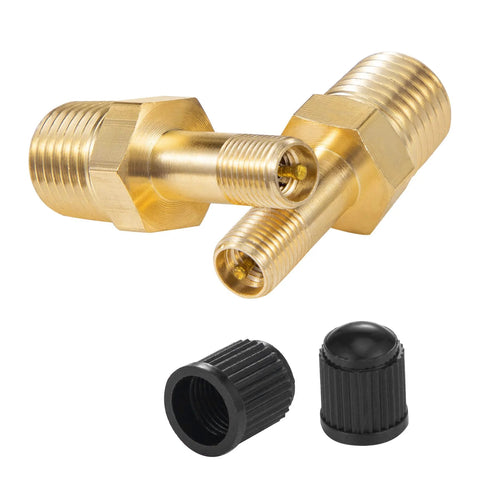 Two brass 1/4-inch inflation Schrader valve adapters with push-to-connect for 1/4-inch air tubing; includes black caps