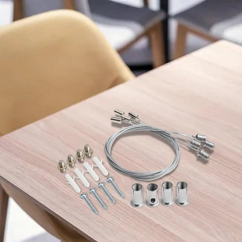 Infrared Heater Ceiling Mount Bracket With 1m Adjustable Steel Cable Hanging Kit Stainless Steel Silver Heavy Duty 4 Pack laid out on table.